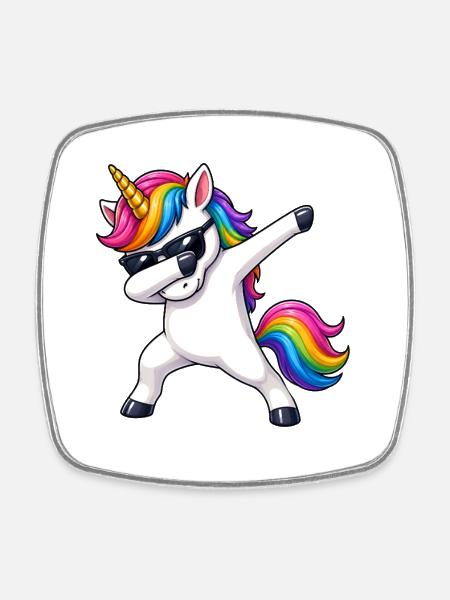 Regenbogen Unicorn Einhorn Dab mit Sonnenbrille - Viereckiger Kühlschrankmagnet - Weiß