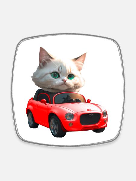 Katze fährt Cabrio - Viereckiger Kühlschrankmagnet - Weiß