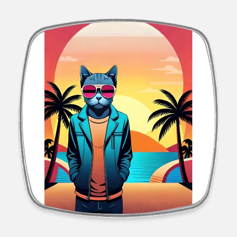 Synthwave Cat - Magnet carré - blanc