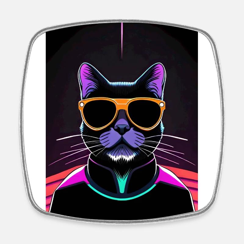 Chat Synthwave Noir - Magnet carré - blanc