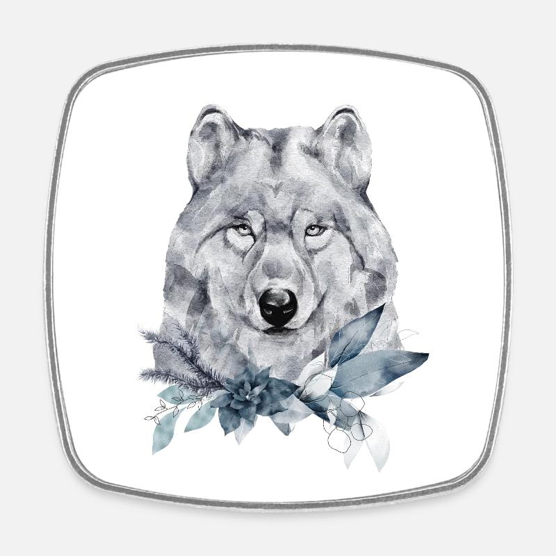 Portrait de loup décoré de plantes de Noël - Magnet carré - blanc