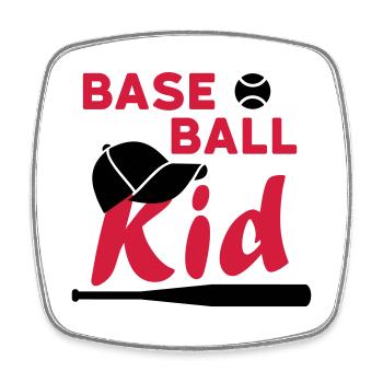 Enfant de baseball (balle de jeu, casquette, batte de baseball) - Magnet carré - blanc - Devant