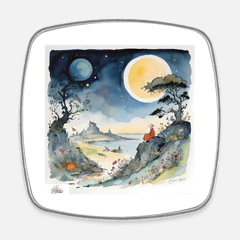 Night dreamscape cartoon - Square fridge magnet - white