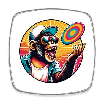 Chimpanzé avec lunettes de soleil, casquette de baseball et frisbee - Magnet carré - blanc - Devant
