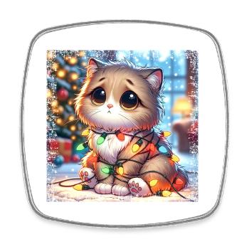 Cute Christmas Cat - Fairy Lights Chaos in the - Square fridge magnet - white - Front
