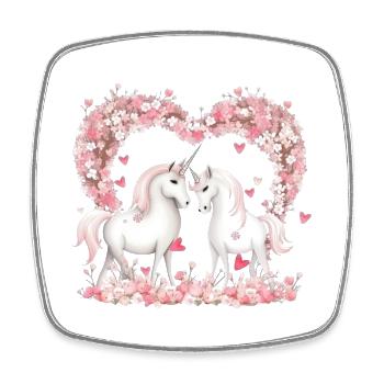 Niedlilches Einhorn Paar mit Blumenherz - Viereckiger Kühlschrankmagnet - Weiß - Vorne