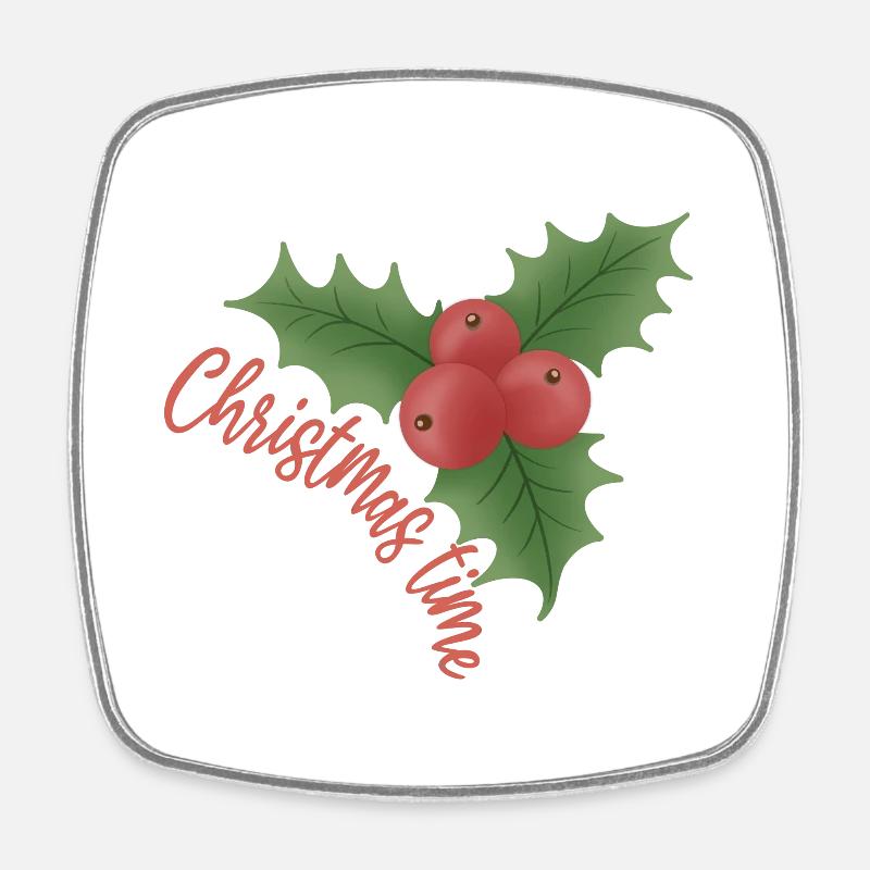 Christmas time - Mistletoe with red berries - Square fridge magnet - white