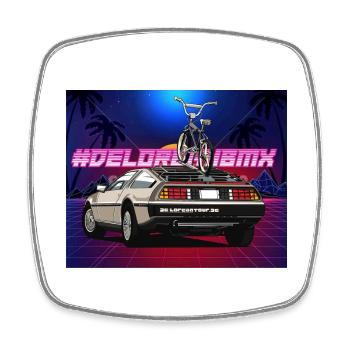 Delorean Future 80s Car with Oldschool BMX Tour - Square fridge magnet - white - Front