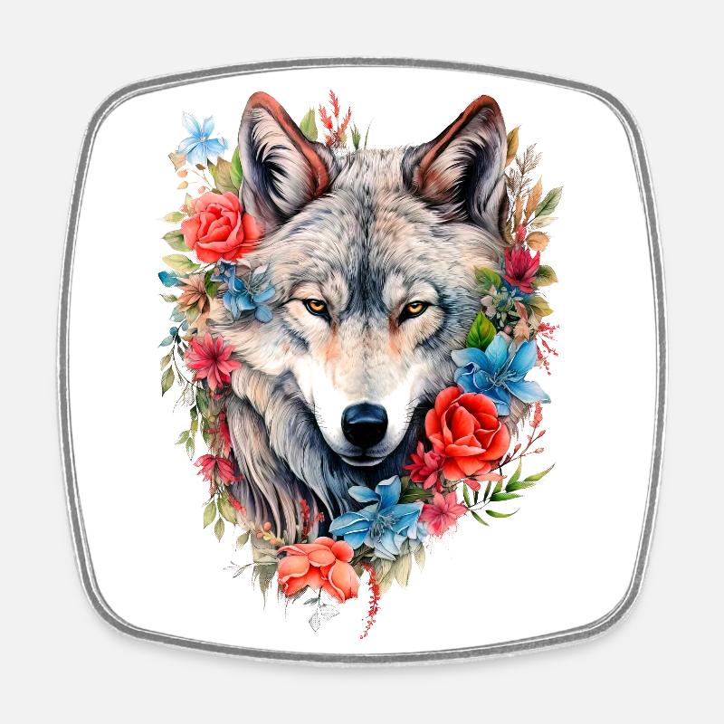 Wolf mit Blumen Mädchen - Viereckiger Kühlschrankmagnet - Weiß