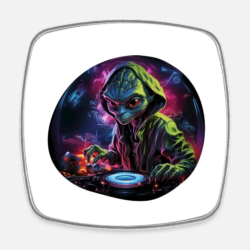 Alien DJ, Space DJ, Cosmic Beats, AlienCartoon, - Square fridge magnet - white