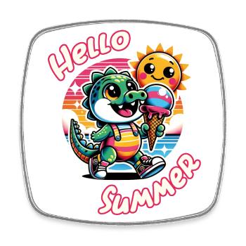 Hello summer funny crocodile with big ice cream cone - Square fridge magnet - white - Front