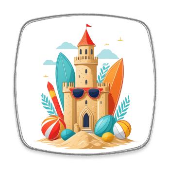 Sommerurlaub am Strand mit Sandburg und Surfbrett - Viereckiger Kühlschrankmagnet - Weiß - Vorne