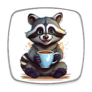 Ein glücklicher Waschbär mit einer Tasse Kaffee - Viereckiger Kühlschrankmagnet - Weiß - Vorne