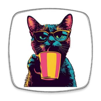 Retro Cat with Glasses & Coffee - Square fridge magnet - white - Front