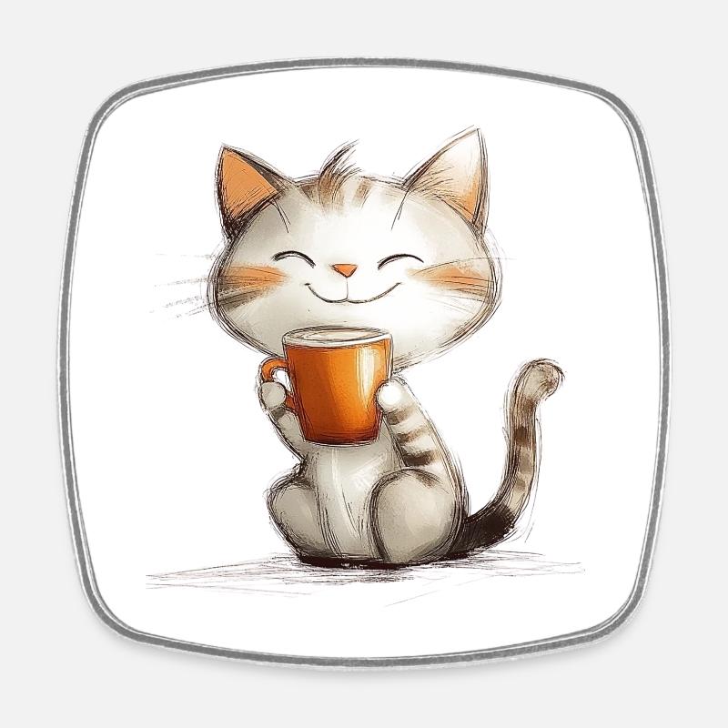 Glückliche Katze mit Kaffee - Viereckiger Kühlschrankmagnet - Weiß