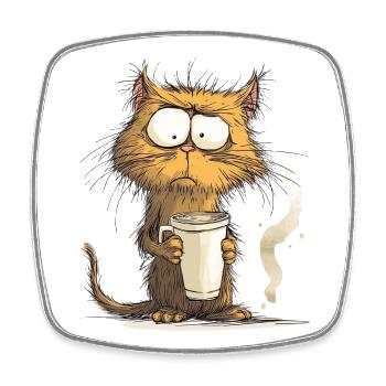 Morning grouch cat with coffee - Square fridge magnet - white - Front