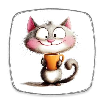 Fröhliche Katze mit Kaffee - Cartoon-Stil - Viereckiger Kühlschrankmagnet - Weiß - Vorne