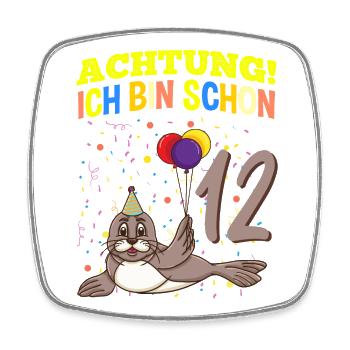 Achtung Ich Bin Schon 12 Tier Geburtstag Seehund - Viereckiger Kühlschrankmagnet - Weiß - Vorne