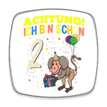 Achtung Ich Bin Schon 2 Tier Geburtstag Pavian - Viereckiger Kühlschrankmagnet - Weiß - Vorne