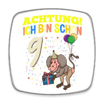 Achtung Ich Bin Schon 9 Tier Geburtstag Pavian - Viereckiger Kühlschrankmagnet - Weiß - Vorne