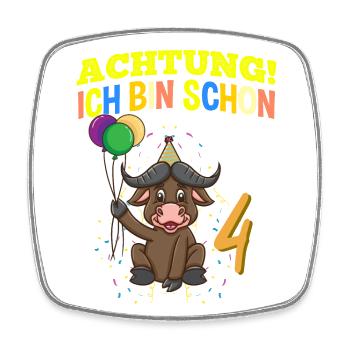 Achtung Ich Bin Schon 4 Geburtstag Büffel Bison - Viereckiger Kühlschrankmagnet - Weiß - Vorne