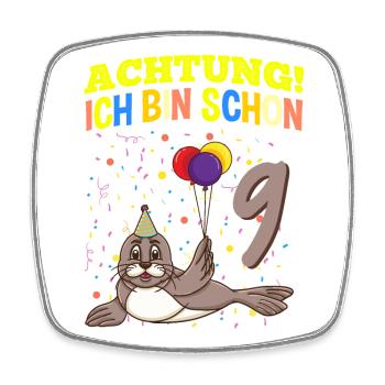 Achtung Ich Bin Schon 9 Tier Geburtstag Seehund - Viereckiger Kühlschrankmagnet - Weiß - Vorne