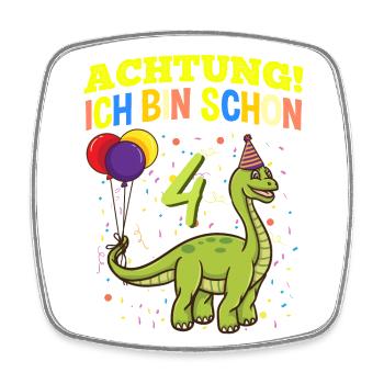 Achtung Ich Bin Schon 4 Geburtstag Dinosaurier - Viereckiger Kühlschrankmagnet - Weiß - Vorne