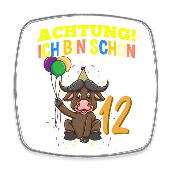 Achtung Ich Bin Schon 12 Geburtstag Büffel Bison - Viereckiger Kühlschrankmagnet - Weiß - Vorne