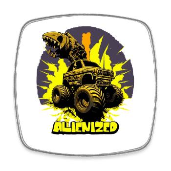 Monster truck with alien gripper arm with explosion - Square fridge magnet - white - Front