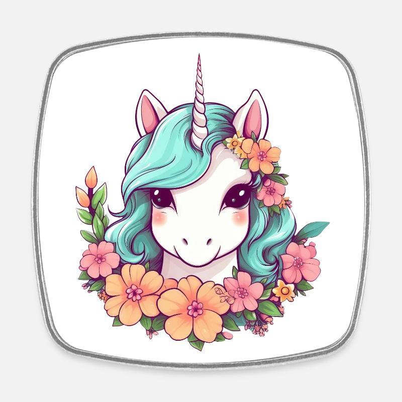 Licorne avec fleurs - Design de style élégant - Magnet carré - blanc