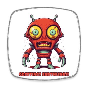 Greetings Earthlings – Alien Robots - Square fridge magnet - white - Front