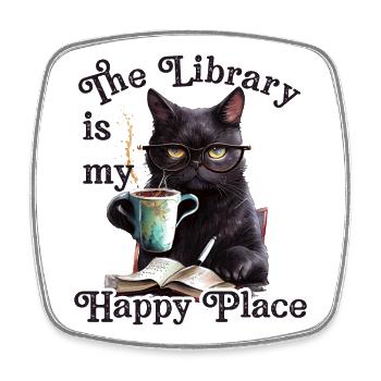 The library is my happy place cat - Square fridge magnet - white - Front