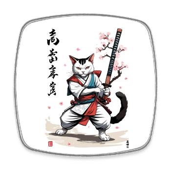 Samurai Cat with Katana Cherry Blossoms Vintage Style - Square fridge magnet - white - Front