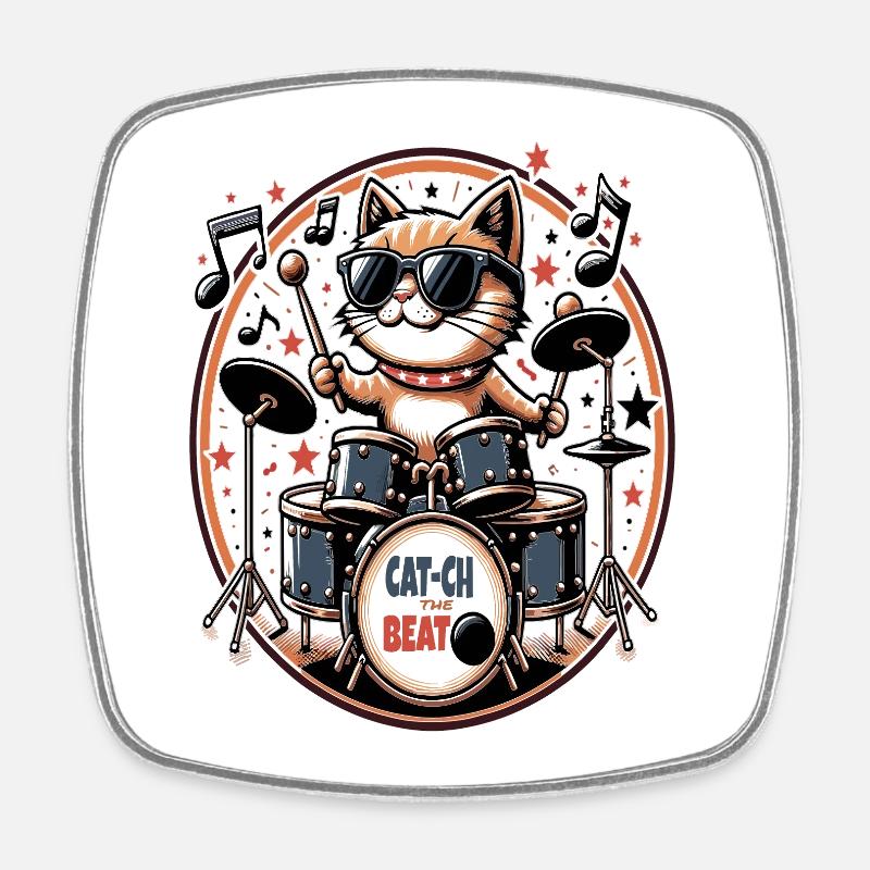 Catch The Beat, Cool Cat Drummer - Square fridge magnet - white