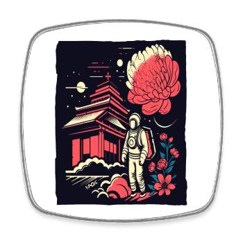 Astronaute devant un temple japonais avec des fleurs - Magnet carré - blanc - Devant