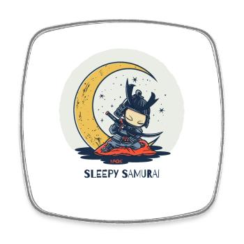Mignon Drôle Dormant Samouraï et Lune - Magnet carré - blanc - Devant