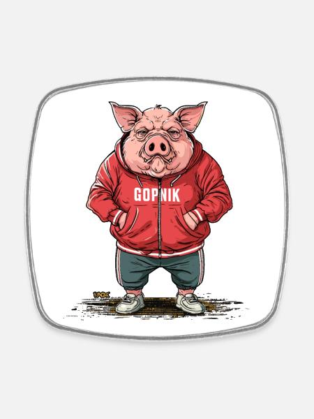 Large Slavic Gopnik Pig - Square fridge magnet - white