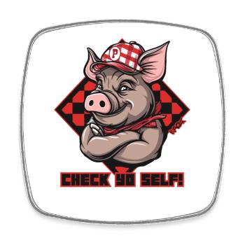 Check Yourself, Trucker Hat Pig - Square fridge magnet - white - Front