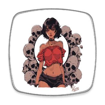 cool beautiful young woman and pile of skulls - Square fridge magnet - white - Front