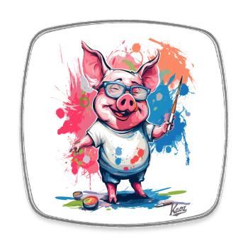 Colorful picture and a funny painter pig - Square fridge magnet - white - Front