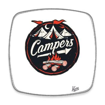 Camper-Maskottchen: Lagerfeuer und Zelte - Viereckiger Kühlschrankmagnet - Weiß - Vorne