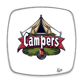 Feu de camp et tente : aventure en camping-car - Magnet carré - blanc - Devant