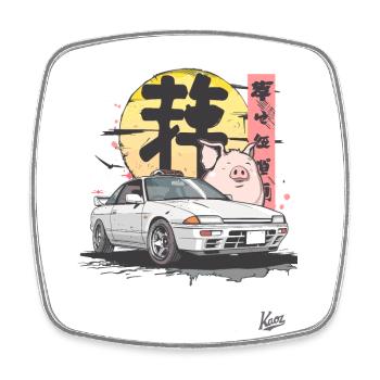 Un cochon amusant et une course de rue japonaise - Magnet carré - blanc - Devant