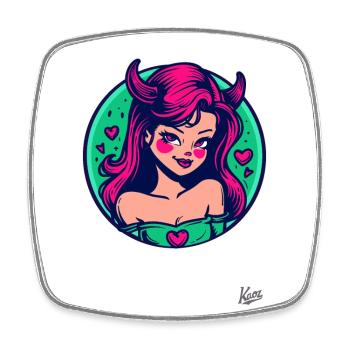 Comic cartoon: cute little she-devil with hearts - Square fridge magnet - white - Front