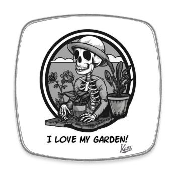 Jardinier heureux squelette : J’aime mon jardin - Magnet carré - blanc - Devant