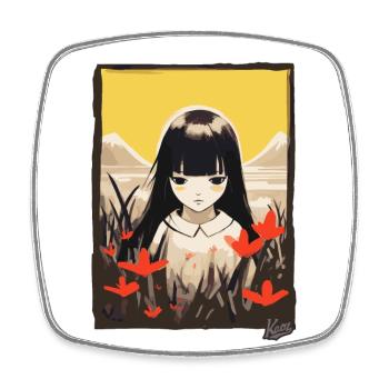 Japanisches Asiatisches Mädchen im Blumenfeld - Viereckiger Kühlschrankmagnet - Weiß - Vorne