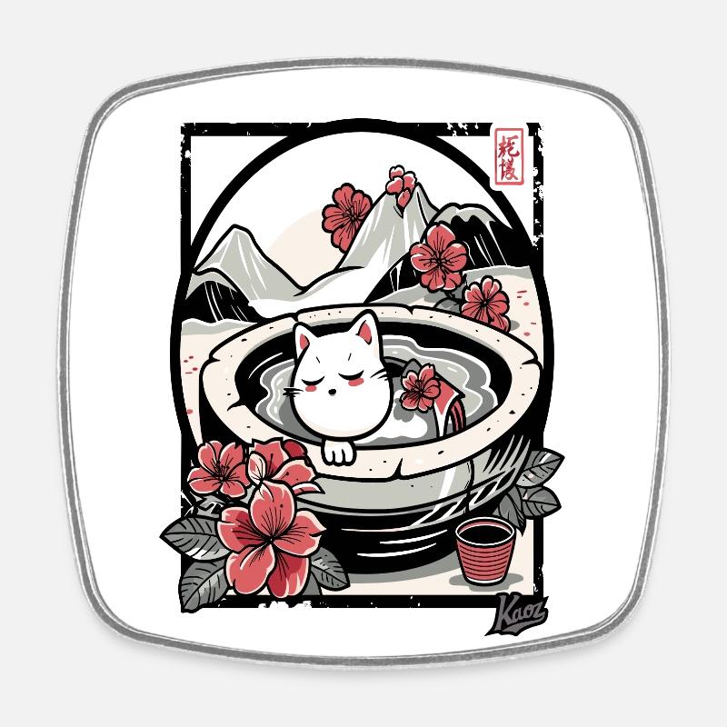 Japanese flowers and cat bathing - Square fridge magnet - white