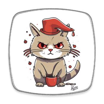 Kaffee Katze mit Hut: Die Morgenmuffel Mieze - Viereckiger Kühlschrankmagnet - Weiß - Vorne