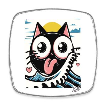 Japanese waves loving black cat - Square fridge magnet - white - Front