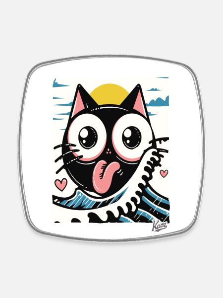 Japanese waves loving black cat - Square fridge magnet - white